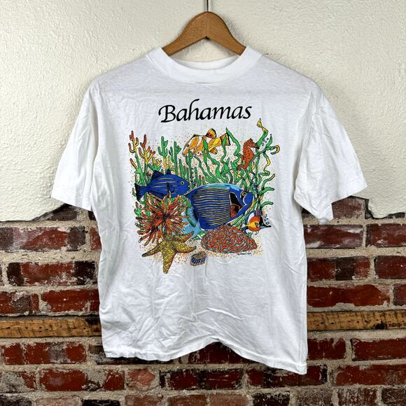Vintage Bahama Shirt Size Large White Single Stitch Tropical Fish Reef Ocean 90s - Picture 1 of 7